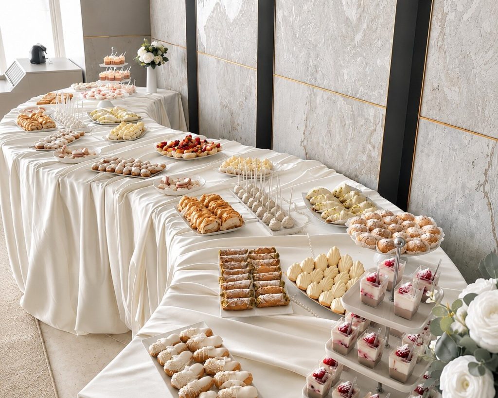 Masă de candy bar cu prăjituri, cake pops, madlene și verrine cu fructe, aranjată pe o față de masă ivoire
